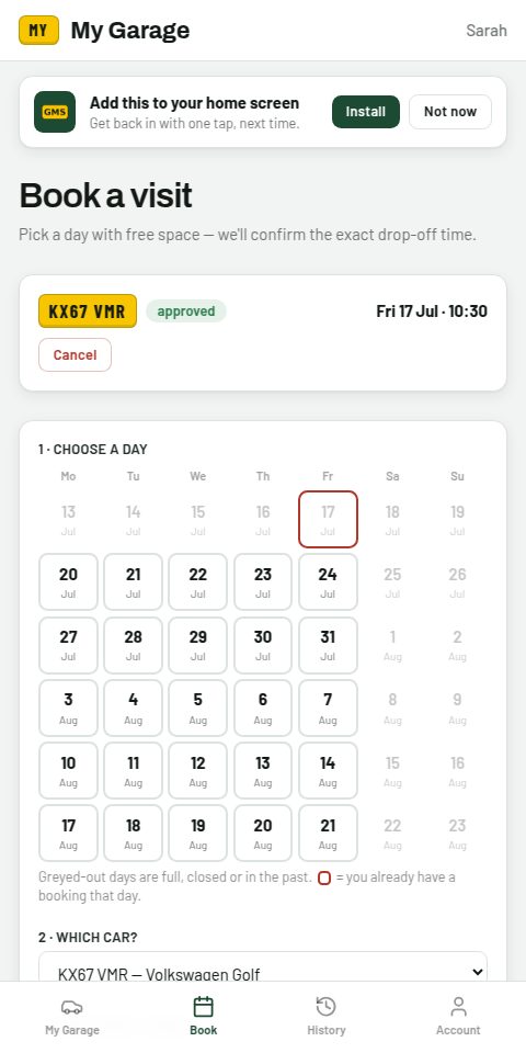 Customer portal booking calendar on a phone
