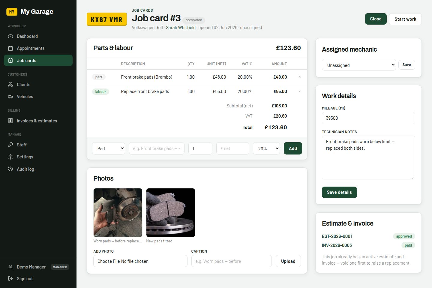 Job card showing parts, labour and a before/after brake pad photo pair